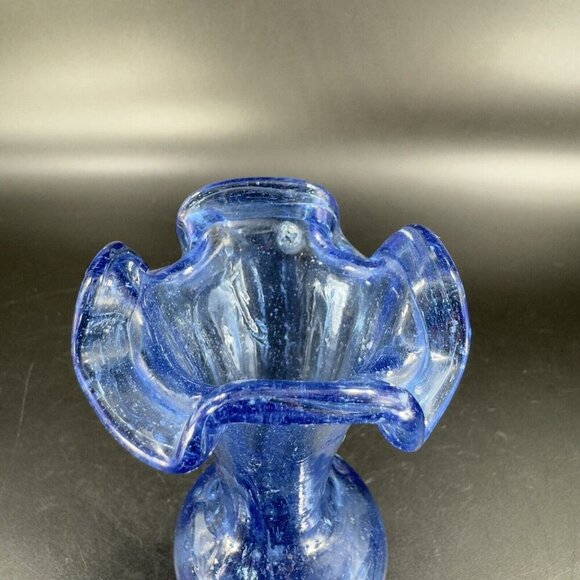 Vintage Hand Blown Cobalt Blue Bud Vase Ruffled Edges Hand Made Glass Decor VTG - Picture 8 of 14